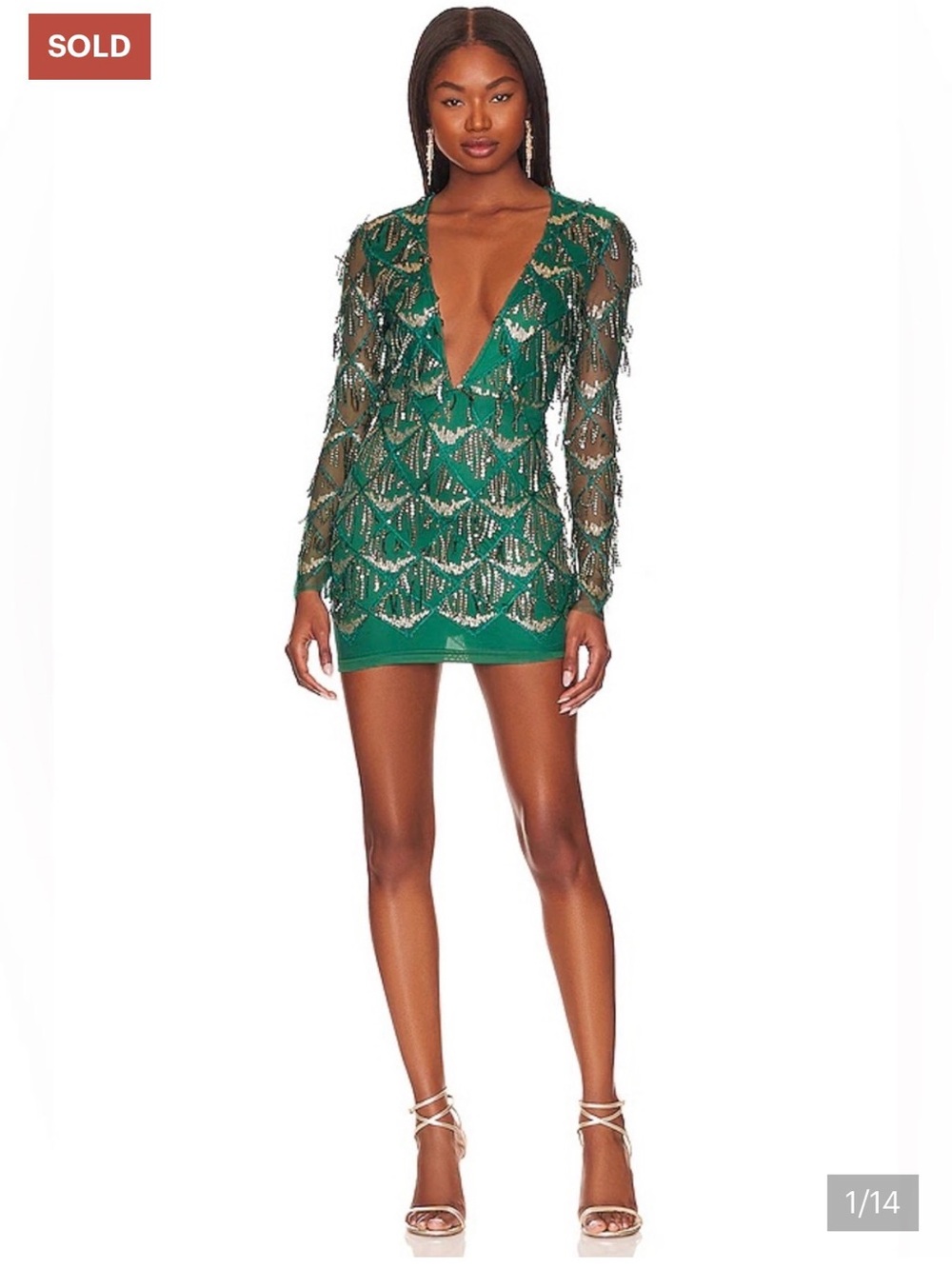 SUPERDOWN Nia Sequin Fringe Dress in Dark Green S Small Long Sleeve Mesh Vneck